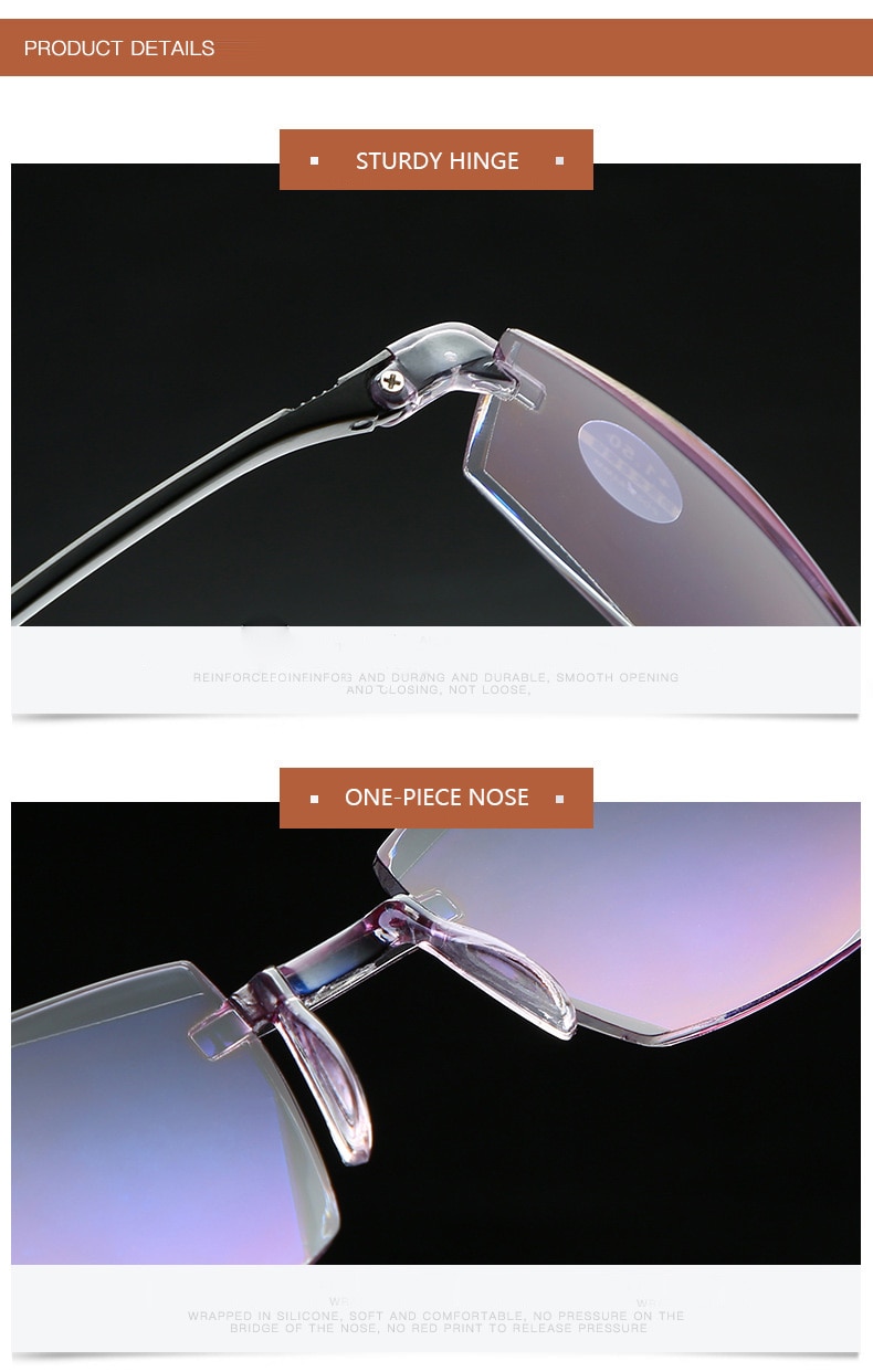Leesbril Dames Ultra Licht Randloze Leesbril Anti-Blauw Licht Anti-vermoeidheid Computer Oogbescherming + 50 Tot + 400