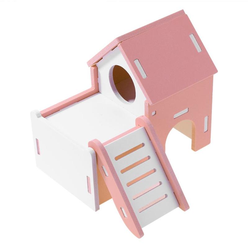 Miljövänligt trä söt hamsterhus visning däck stege små husdjur råtta mus koja bon små djur burar: Rosa