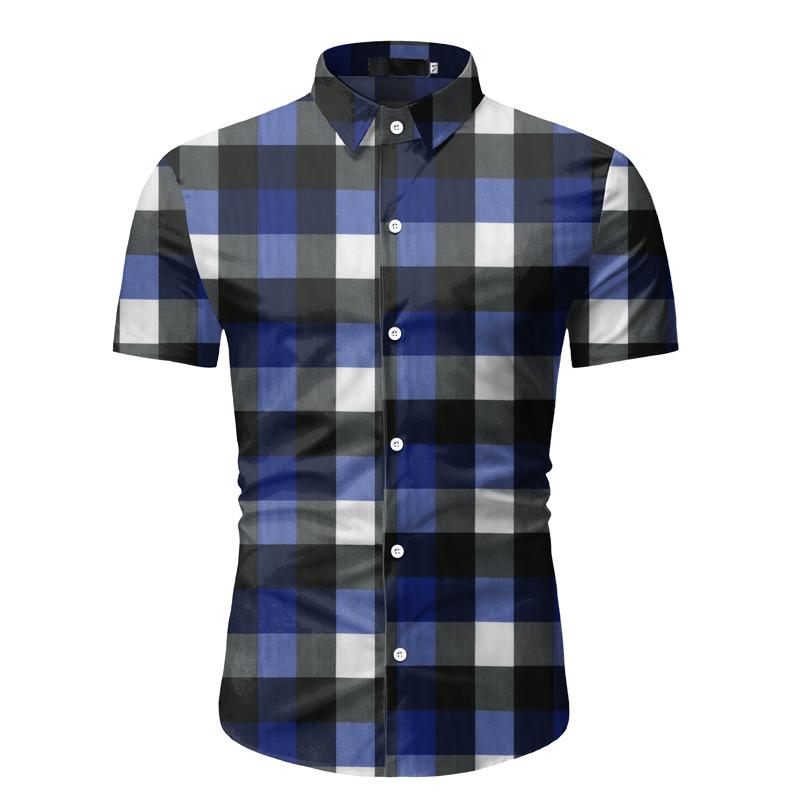 Casual Printed grid Short Sleeve Shirt Men Street Hawaii Beach Oversize Harujuku Shirts for Men: blue / XXL