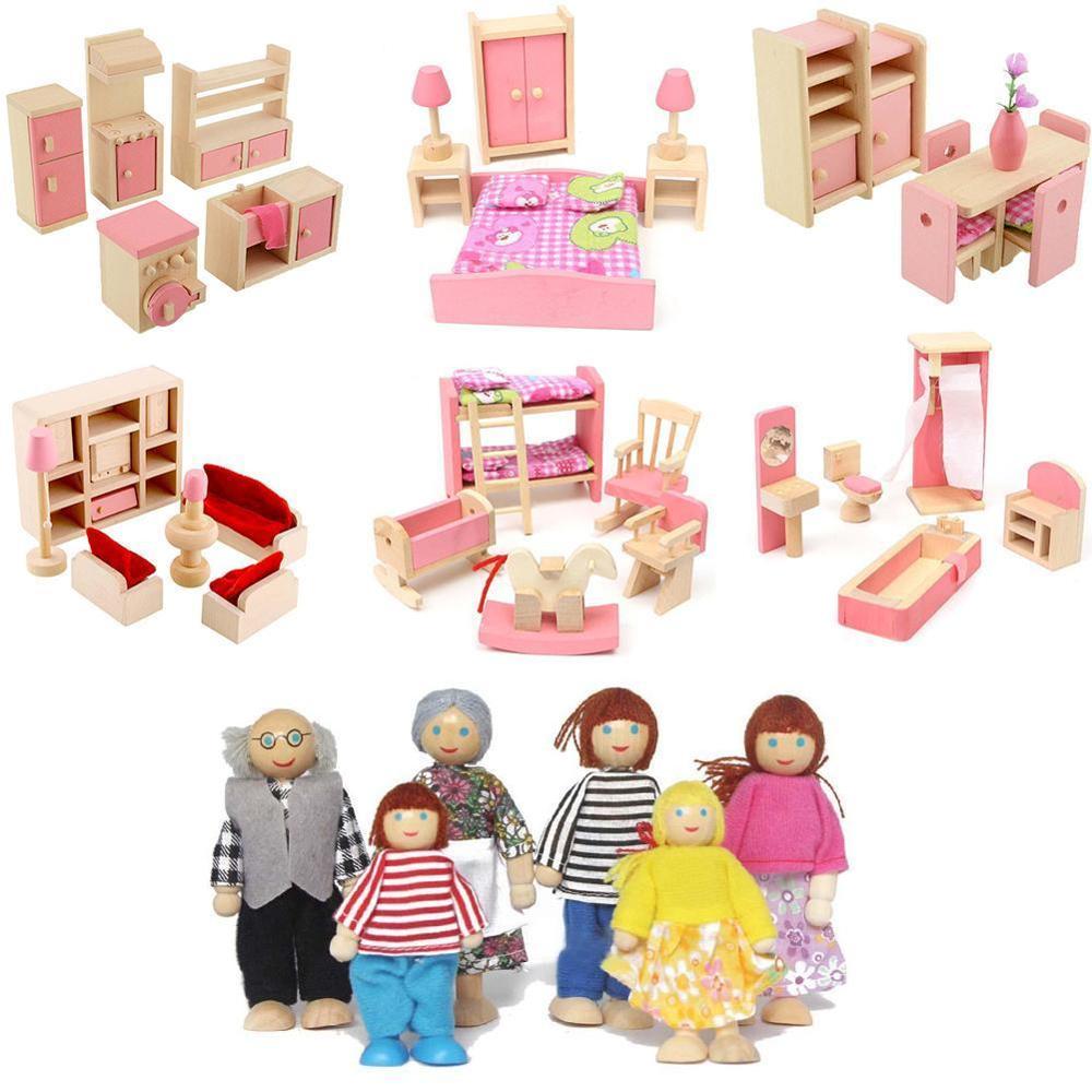 Poppenhuis Meubels Dubbele Bed met Kussens en Deken Houten Pop Badkamer Meubels Poppenhuis Miniatuur Kids Kind Spelen Speelgoed