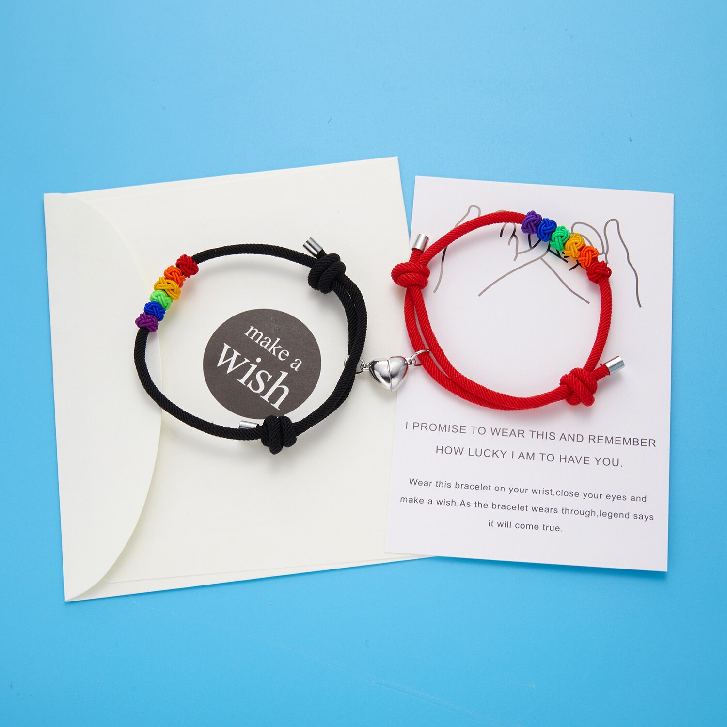 Pulsera magnética para pareja, brazalete de cuerda con nudo arcoíris LGBT, joyería para tarjetas de deseos, 2 unids/set por juego