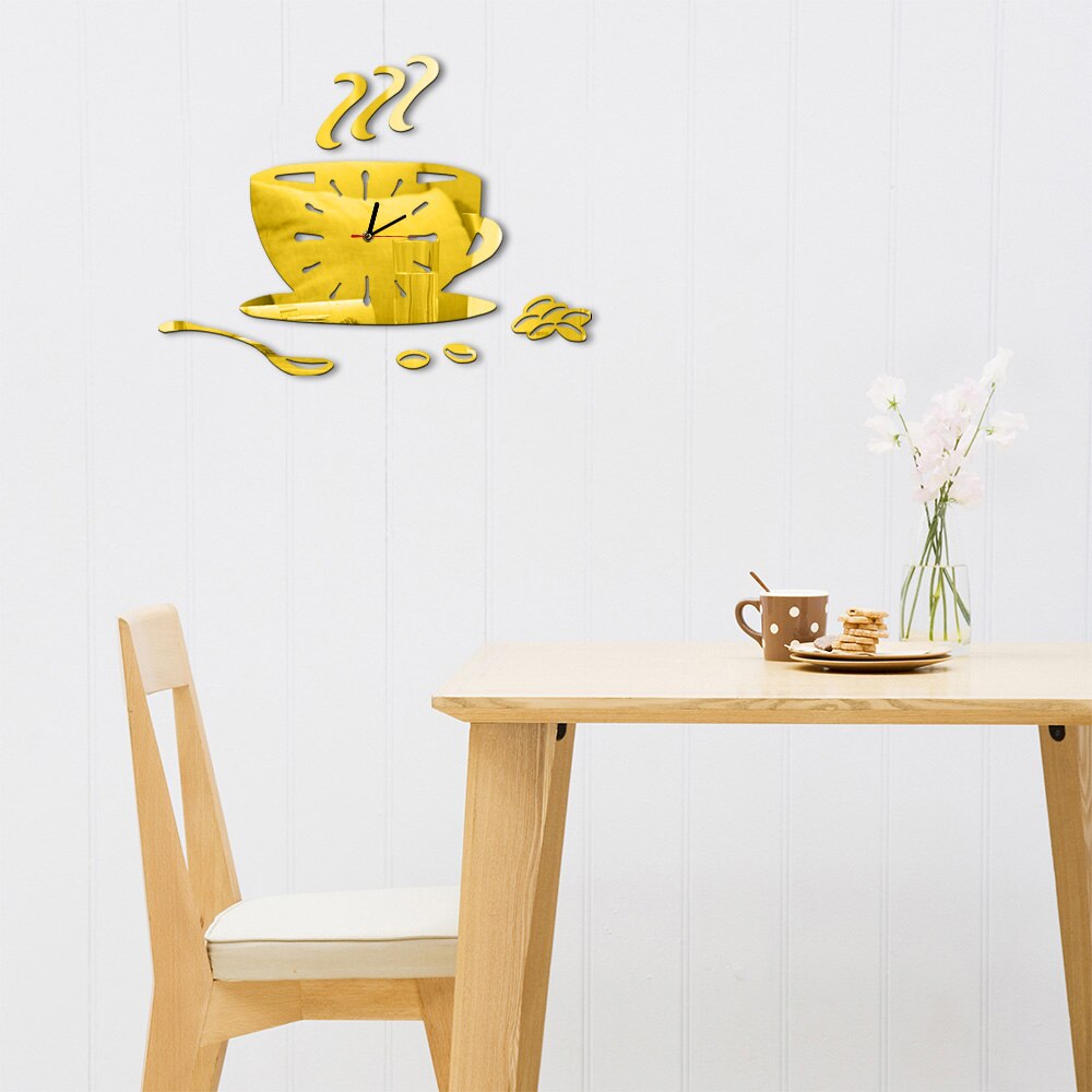 Tazza di caffè bar Negozio Moderna di Arte Della Parete FAI DA TE Orologio Da Parete Chicchi di Caffè Acrilico Effetto Specchio Orologio Appeso Orologio Casa di Caffè arredamento