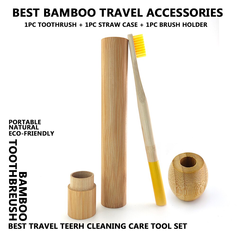 Colorful Column Bamboo Toothbrush Top Flat Portable Travel Set with Bamboo Tube Bamboo Case Natural Wooden Toothbrush Holder: Yellow