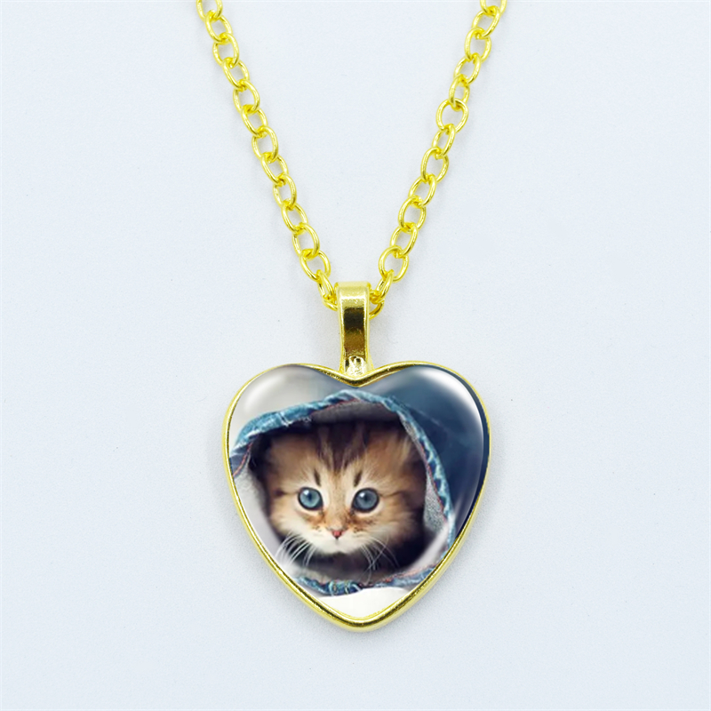 Collar con colgante de corazón de gato para mujer, joyería de cadena fina con cara de gema de cristal y Metal a la , accesorios de para niños: Bronce antiguo plateado