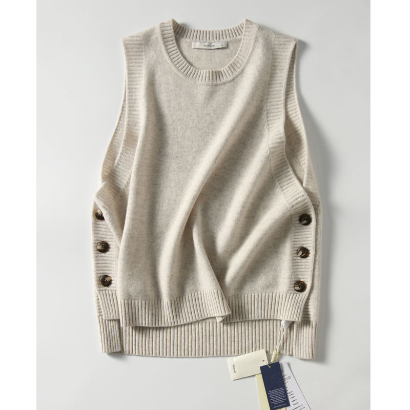 College stil hem tre knappar tröja stickad väst kvinnor solid o hals ärmlös: Beige