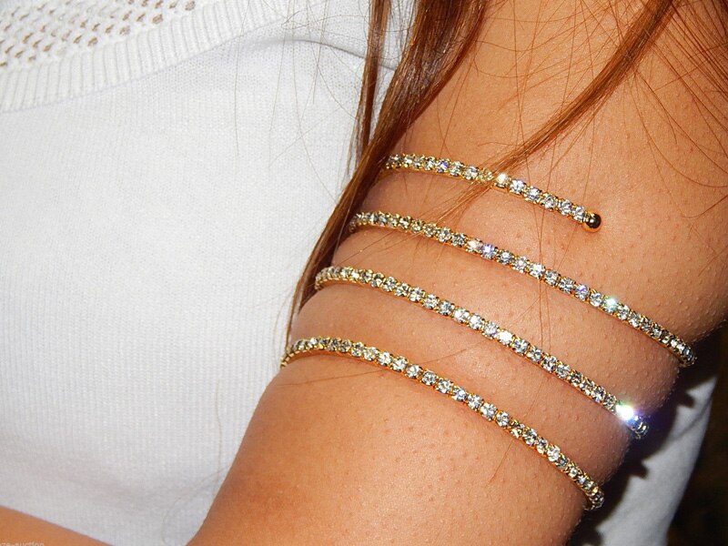 Spiral brude fest rhinsten stretch armring overarm armbånd guld farve og forsølvet brazaletes pulseras mujer