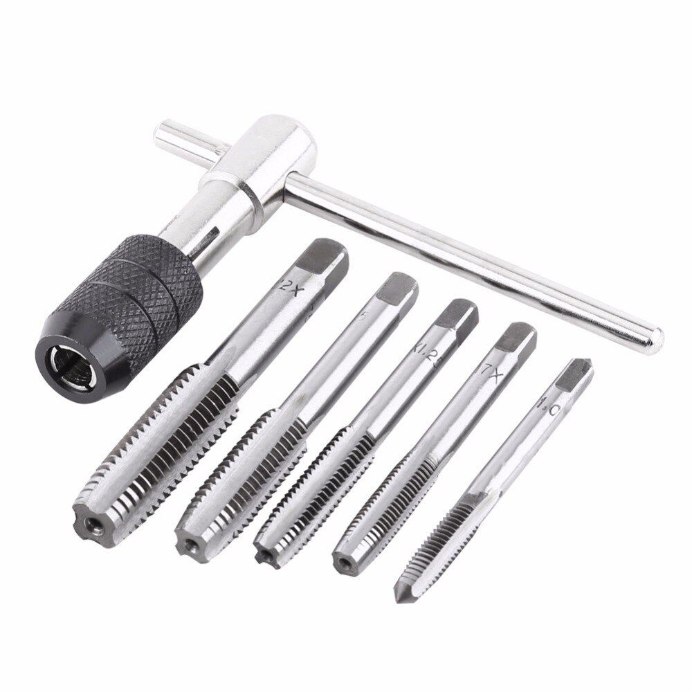 6PCS/Set Screw Tap &amp; T-shaped Wrench Threading Tapping Hand Tool Kit Tapping Tool Screw Tap Wrench Set