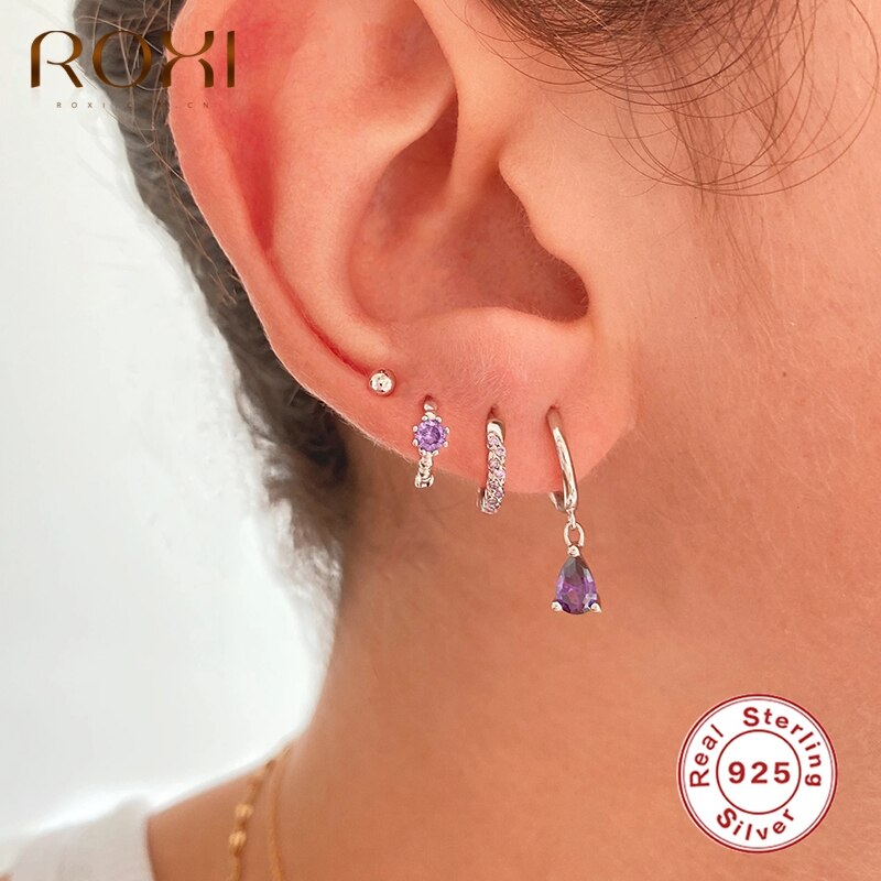 ROXI Bohemia Small Purple Zircon Stone Round Beads Hoop Earrings for Women Wedding Jewelry Earrings 925 Sterling Silver Brincos