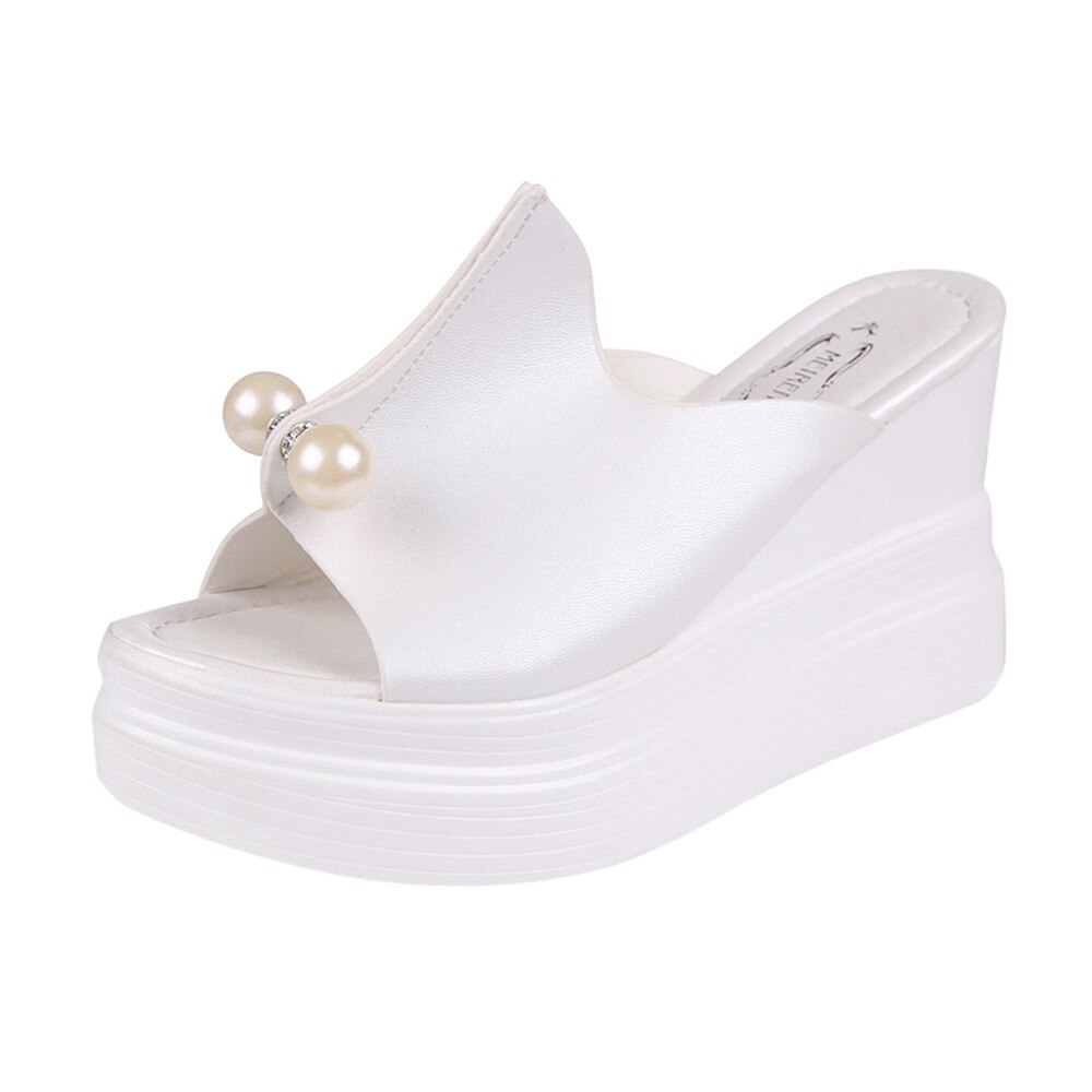Pantoufles pour femmes, chaussures à semelle épaisse, solide perle, chaussures à enfiler à bout ouvert, bonne , collection chaussons pour femmes, collection sandales à talons compensés: White / 40