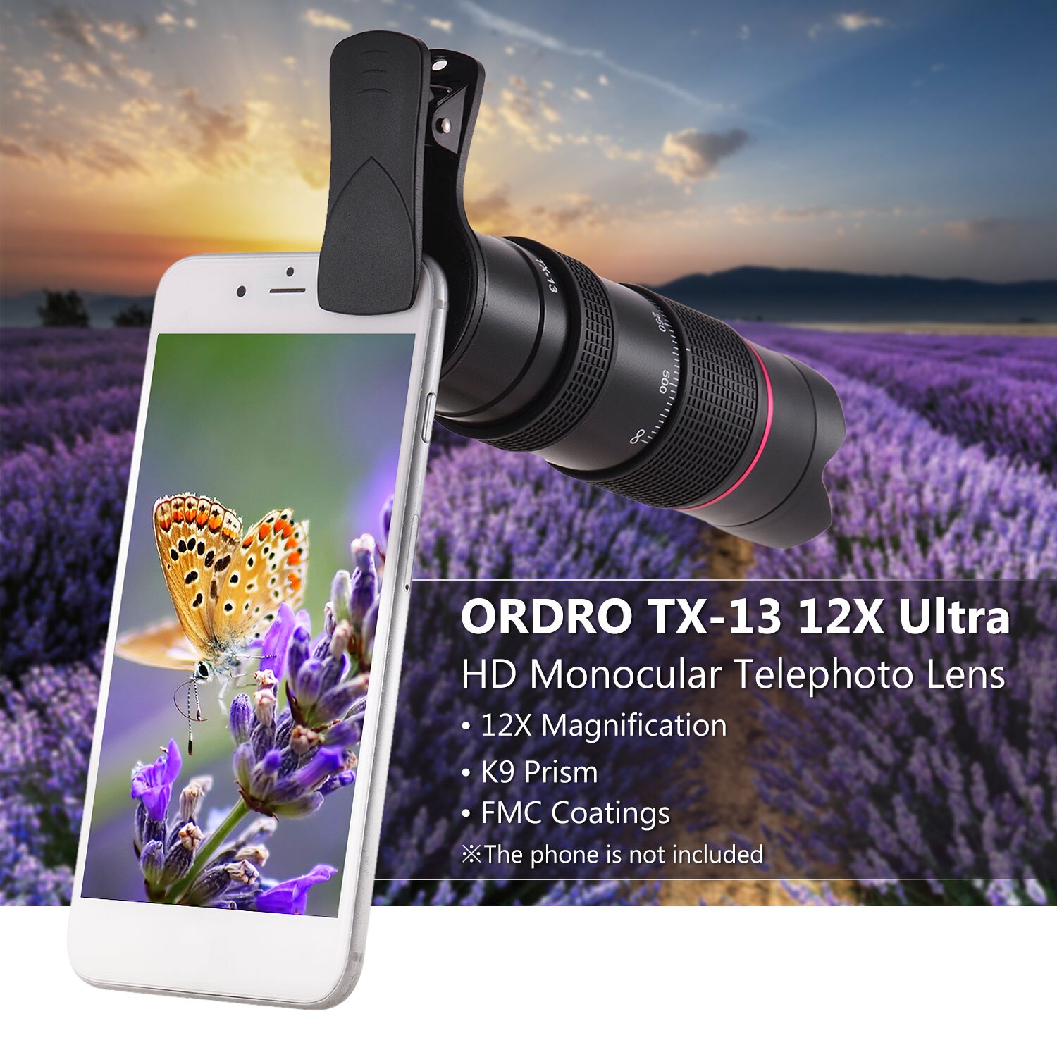 ORDRO-teleobjetivo TX-13 12X Ultra HD, lente Monocular, teleobjetivo con Zoom, K9 Prism FMC, recubrimientos para teléfono inteligente