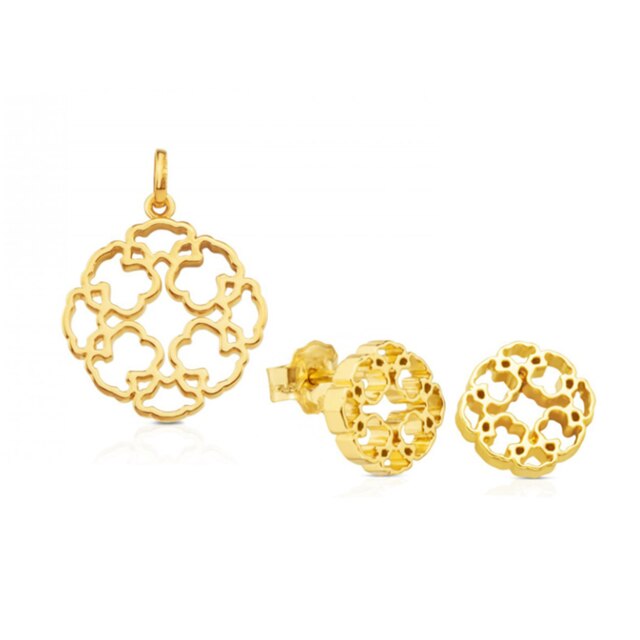 Moda ouro cor de aço inoxidável urso pingente colar brincos conjuntos urso redondo charme colar corrente jóias para presentes femininos: gold