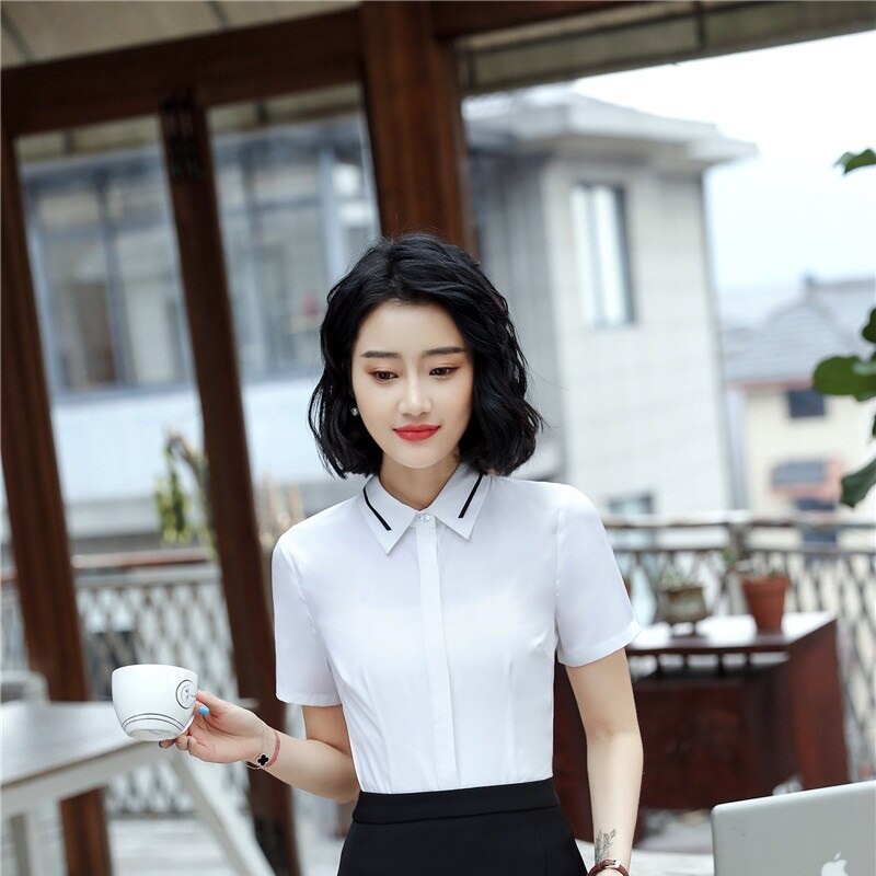 2018 novos estilos de verão manga curta moda retalhos chiffon blusas & camisas para mulheres negócios trabalho wear tops roupas brancas