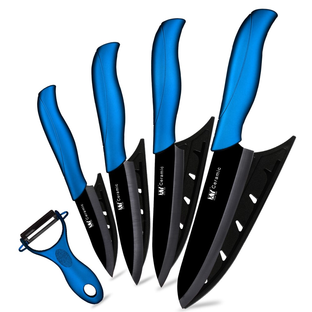 Keramik Messer 3 4 5 6 zoll Küchenmesser Set Peeler Zirkonia Schwarz Weiß Klinge Obst Koch Messer Vege Kochen werkzeug Stand Abdeckung Fall: Blue 5 Pcs Set
