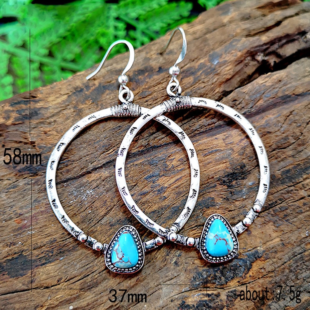 Brinco boêmio vintage longo, para mulheres, joia étnica, azul e turquesa, pedra, brincos femininos