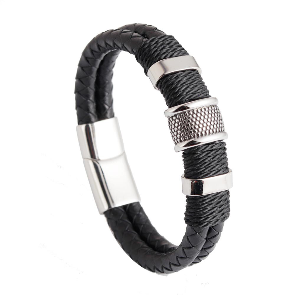 Mannen Lederen Armband Roestvrij Staal Magnetische Sluitingen Gevlochten Touw Polsband Punk Bangles Mannelijke Sieraden