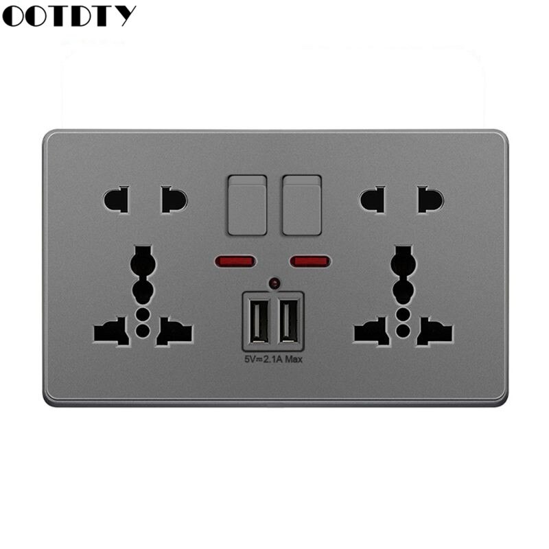 Multifunction UK 13A Wall Socket Push Button 2.1A Double USB Charging Ports: Gray