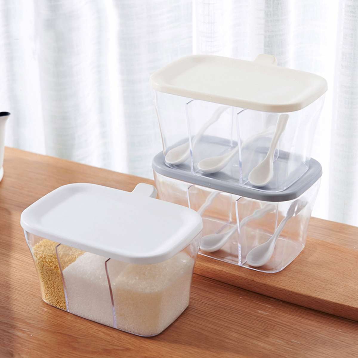 3 siatki kuchenne, organizery, pudełka robić przechowywania z 3 łyżeczkami, słoik na przyprawy, przezroczysta butelka na cukier i sól, akcesoria kuchenne