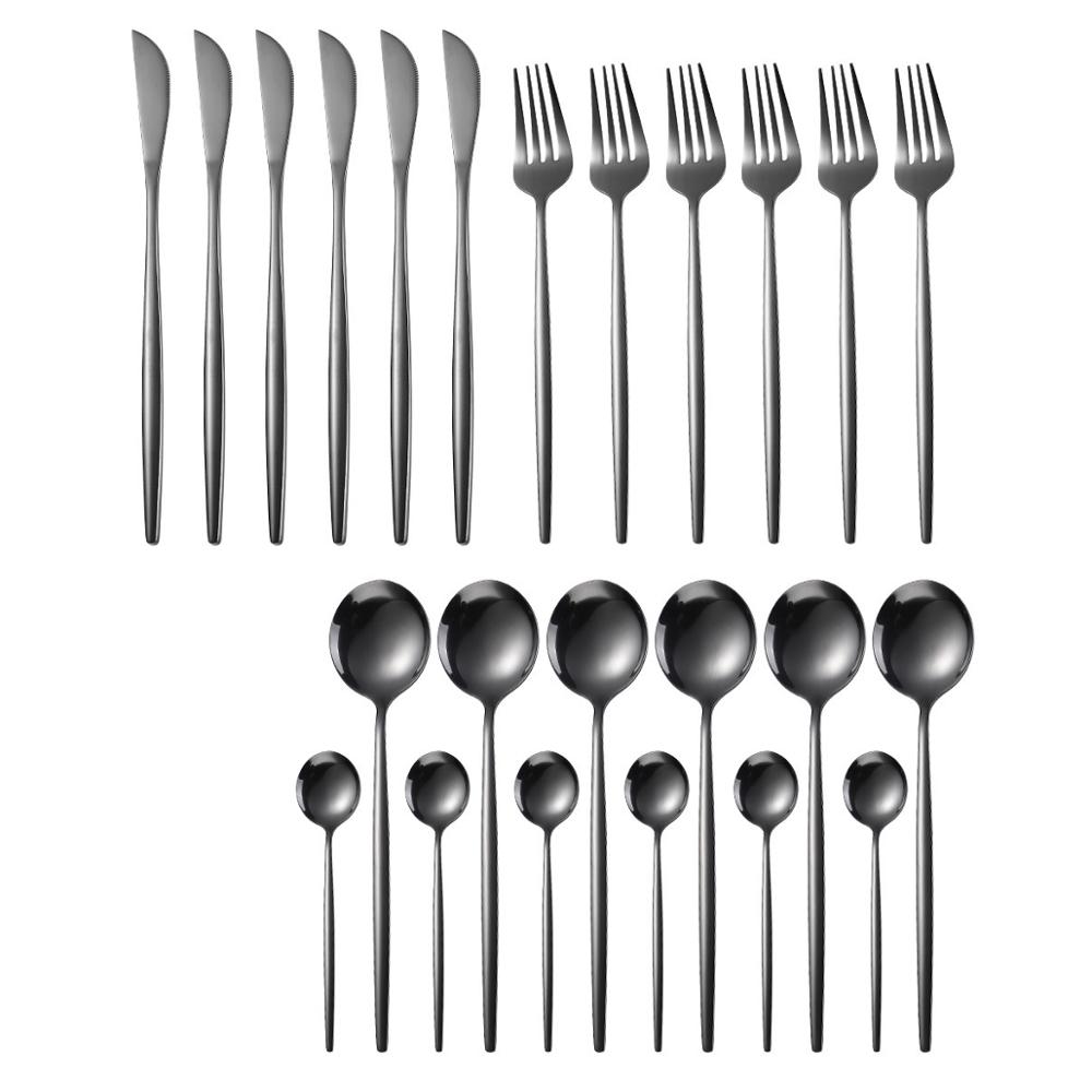 24Pcs Cutlery Set Kitchen Tools Gold Dinnerware Set Stainless Steel Knife Fork Spoon Tableware Set Home Table Decoration Gold: Black 24PCS