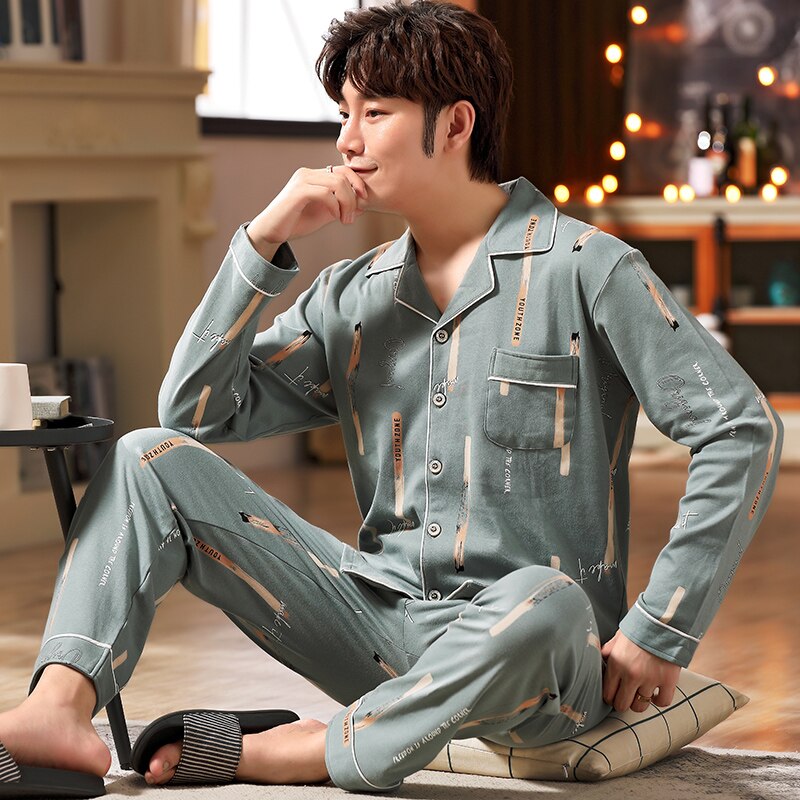 Inverno Homens primavera Outono 100% Algodão Conjuntos de Pijamas do Sono Top & Calças de Pijama Masculino Roupas Casuais Casa Sleepwear