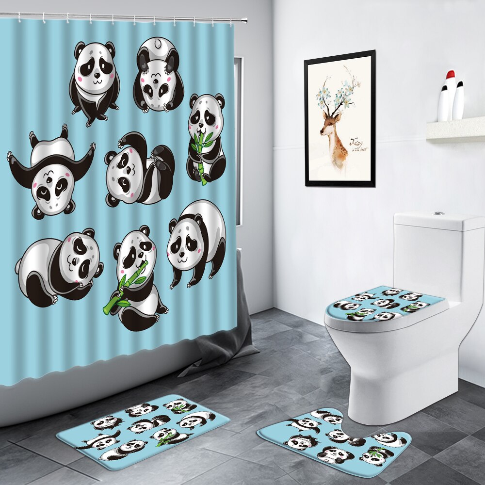 Juego de cortinas de ducha de Panda, alfombra antideslizante de estilo chino de bambú, Animal verde, negro, blanco, divertido