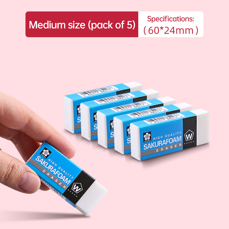 5 stk. sakura skumviskelæder, skitsetegning, kunstviskelæder, ultrarent, elevviskelæder, skoleartikler, leverandør: Hvid