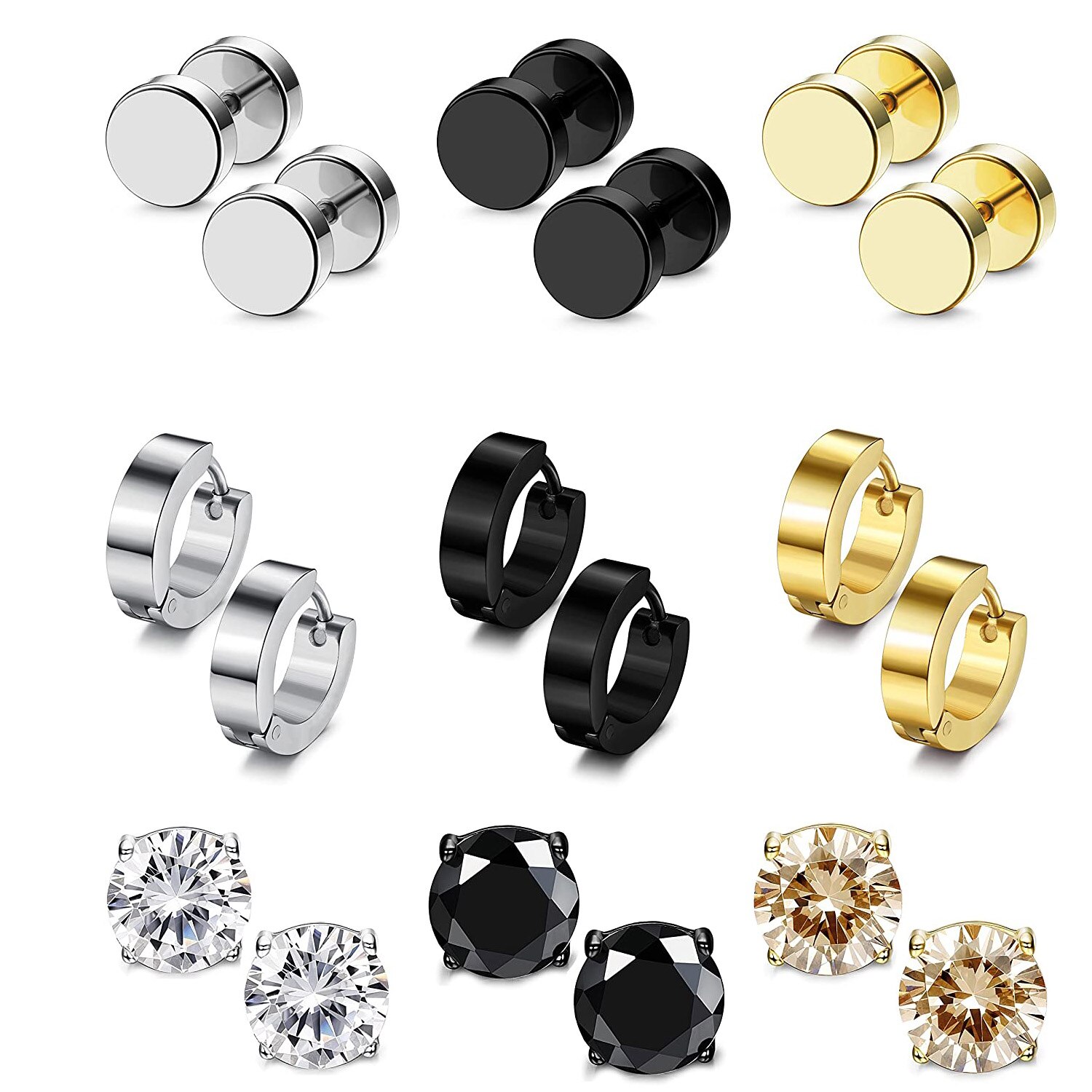 9 Pairs Stainless Steel CZ Stud Earrings Hoop Earrings Gauge Earrings Set for Men Women piercing earrings