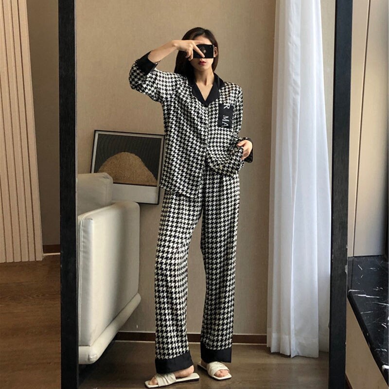 Conjuntos de pijama de 2 piezas para mujer, ropa de dormir de manga larga con cuello vuelto, parte superior con una botonadura, pantalones sencillos de , informales y suaves de otoño: black 2 / XXL