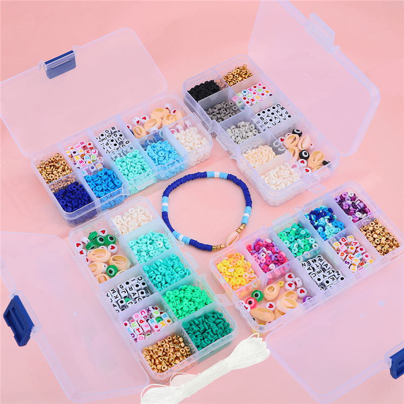 10-Gitter-Kasten-Perlen-einstellen, Polymer-Tonne, Acryl, Buchstaben-Rocailles, Schmuckherstellungsset, elastische Kordel für Mädchen und freundlicher, DIY-Armbinde