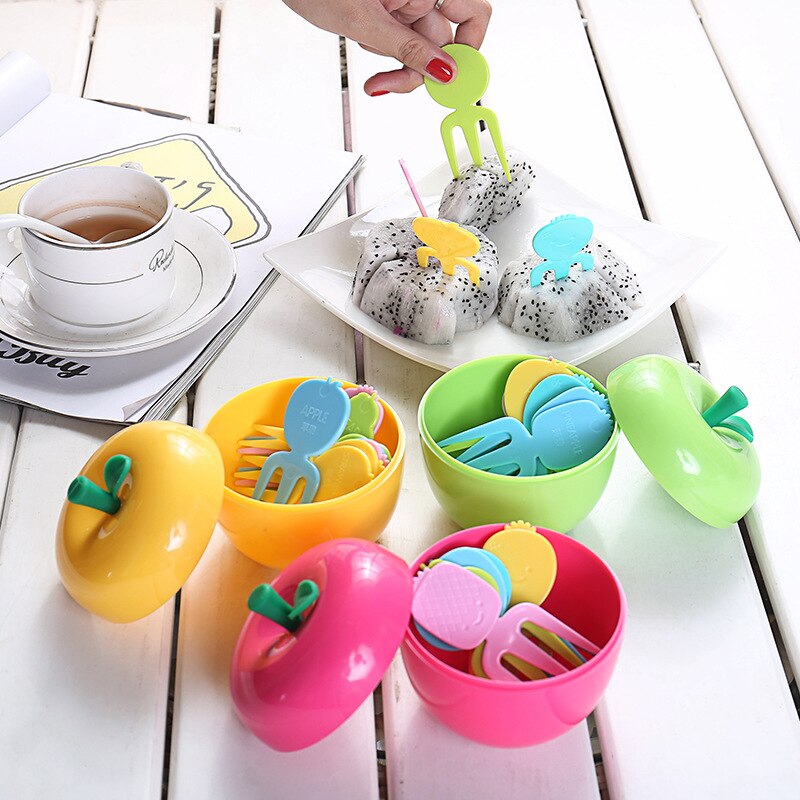 10 Stuks Fruit Vork Fruit Mini Plastic Kids Fruit Stok Apple Doos Menselijk Vormige Lachend Gezicht Voedsel Lunchbox Accessoires