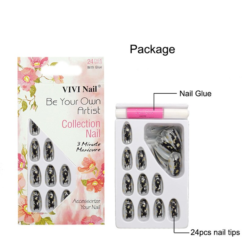 24 stks/doos Kunstnagels Bling Glitter Ontwerpen faux ongles met Lijm Plastic Ballerina Volledige Cover Nails Stok Op Tips Manicure