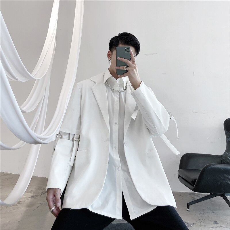 MIXCUBIC-Chaqueta de manga extraíble estilo coreano para hombre, blazer negro, informal, holgado, con forma cóncava, para otoño, M-XL,