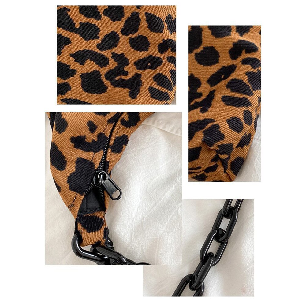 Autumn Winter Corduroy Shoulder Bags Retro Leopard Pattern Handbag Thick Chain Bags Female Daily Warm Soft