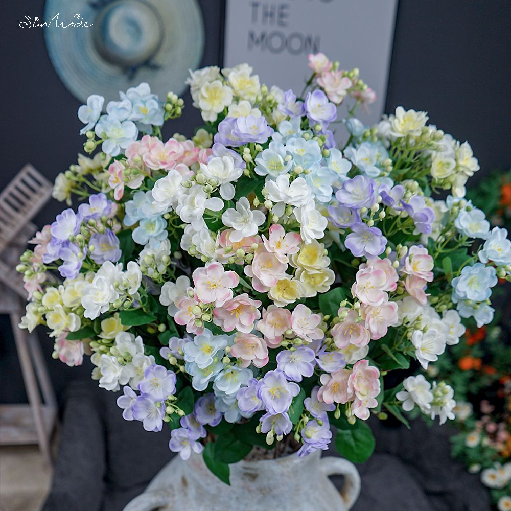 SunMade-rama de flor de Jazmín de lujo, 3 tenedores, Flores Artificiales, decoración para el hogar y la boda, decoración de otoño