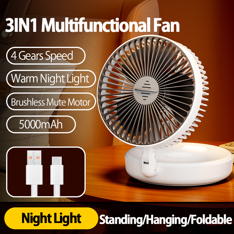 2024 Neuer Stil 5000 mAh kleiner tragbarer Ventilator, wiederaufladbarer Wandventilator 90 ° Faltbarer Tischventilator mit 4 Gängen und warmem Nachtlicht: WHITE