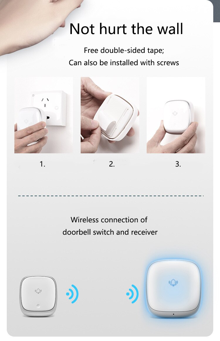 Self Powered Wireless Doorbell Waterproof and Sunscreen Home Office Door Bell Buttons