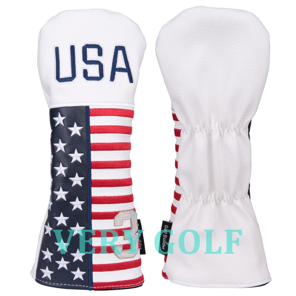 White PU Leather with USA Stars & Strips Embroidery Golf Club Driver Fairway Wood Hybrid Head Cover Golf #1 #3 #5 UT Headcover