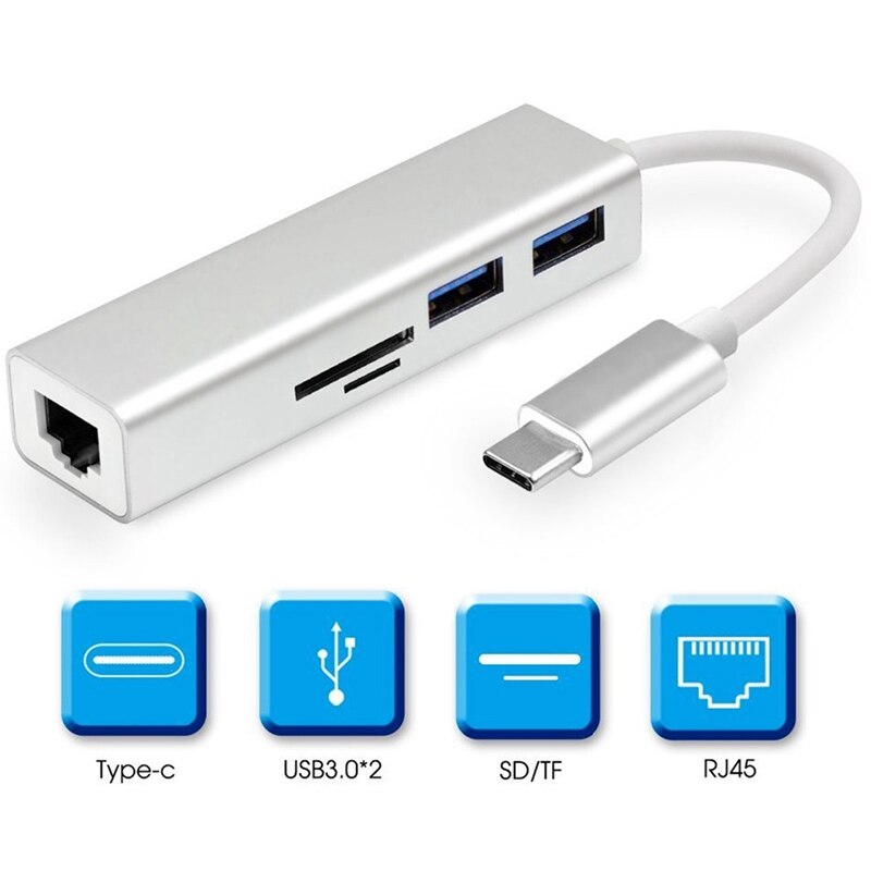 USB C Hub 5 en 1 Adaptador USB tipo C de alta velocidad con SD/lector de tarjetas TF RJ45 Gigabit USB 3,0 puertos para PC Mac
