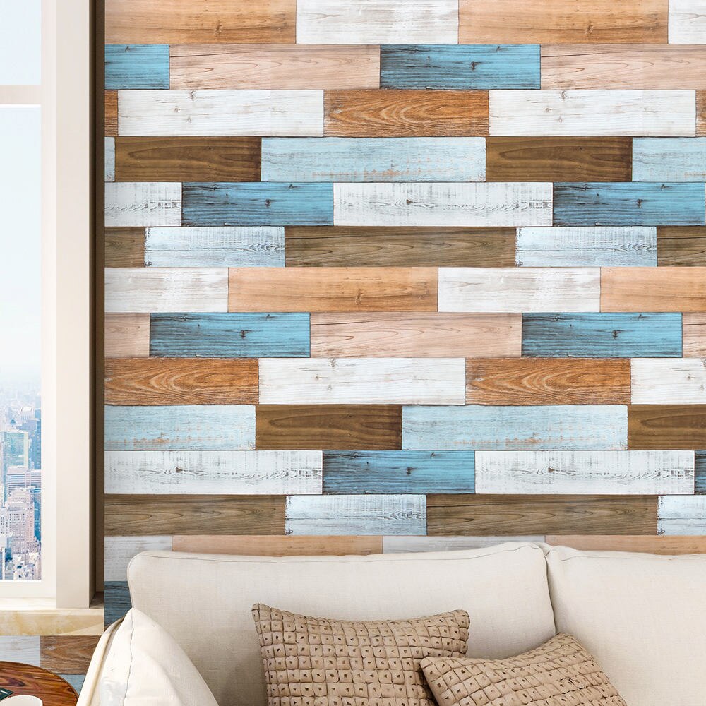Papel tapiz de vinilo autoadhesivo para decoración del hogar, 3D tablón de madera, color marrón/Blanco/azul, para pared de habitación y ducha