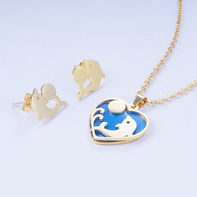 Yunkingdom conjunto de joyas corazón redondo delfín resina Acero inoxidable conjuntos de joyas COLLAR COLGANTE pendientes para mujeres: BLS0049