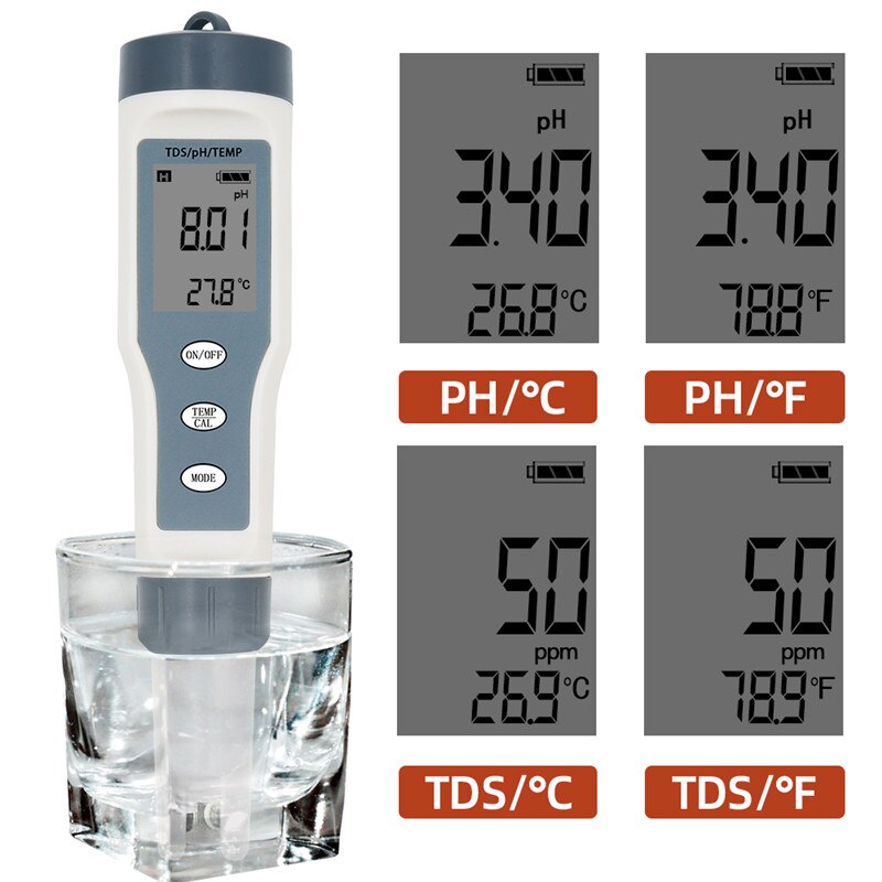 Medidor de temperatura TDS/PH 3 en 1, con pantalla LCD ATC, medidores de Ph de laboratorio, PPM para hidroponía, piscina, Acuario y estanque: without backlight