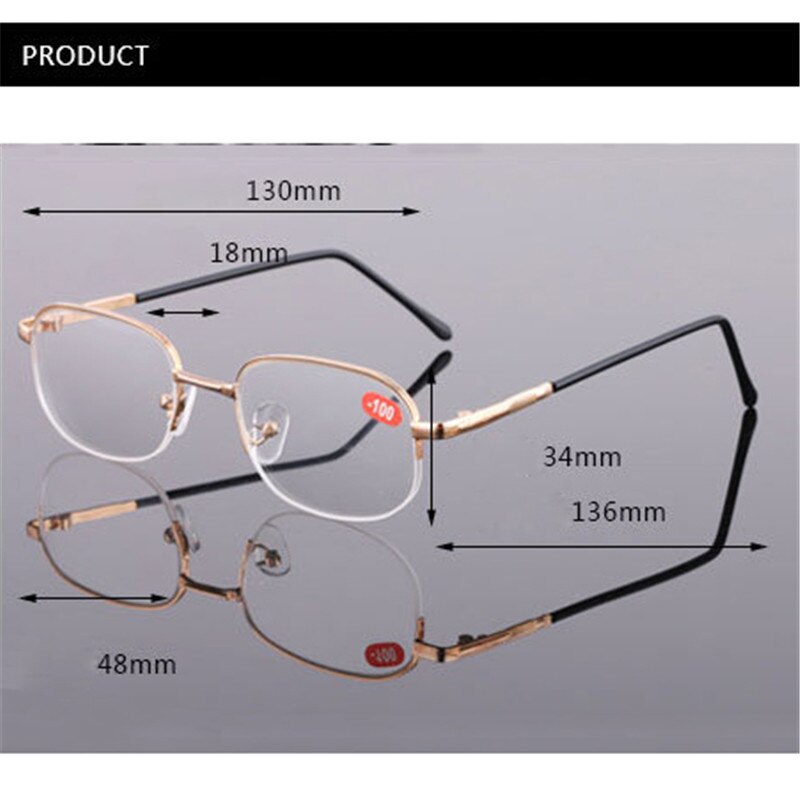 Elbru firkantet metal færdigt nærsynethed briller til mænd kvinder guld halv ramme kortsigtede briller diopter  -1.0 1.5 2.0 2.5 3 3.5