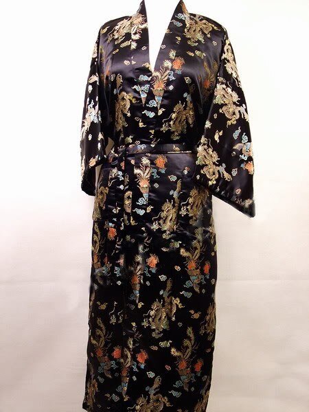 Sort kinesisk herre satin polyester morgenkåbe kimono badekjole drage størrelse sml xl xxl xxxl  m3 s 009: M