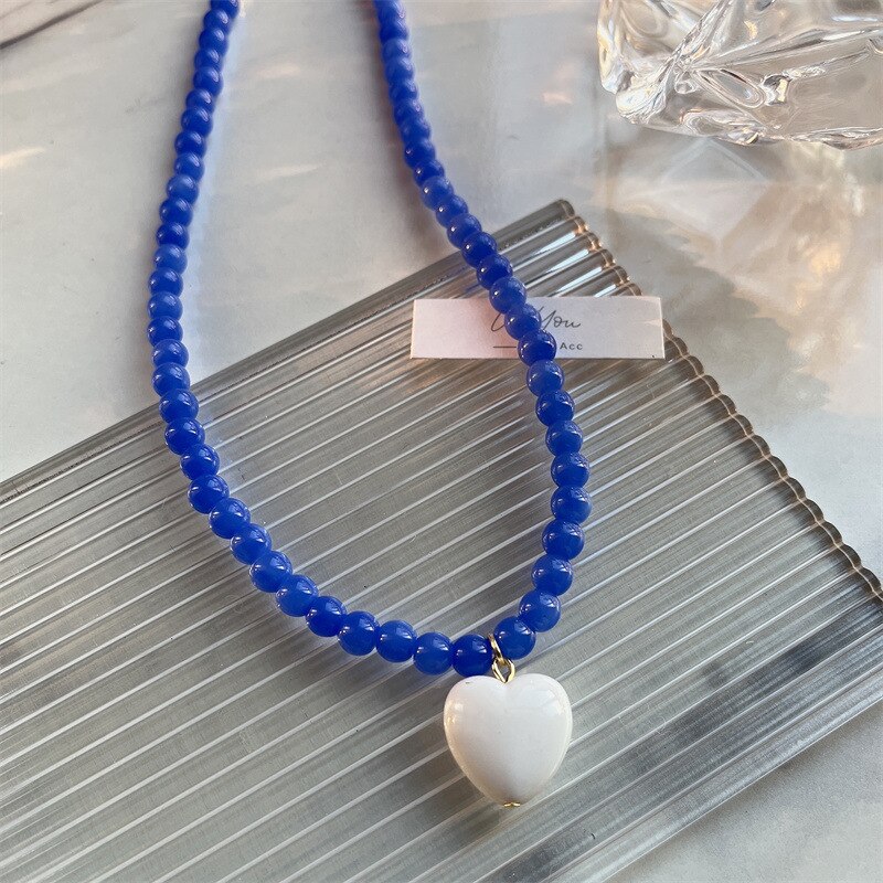 Moda colorata carino perla girocollo collari da donna amore cuore ciondolo collana moda accessori gioielli femminili: blue