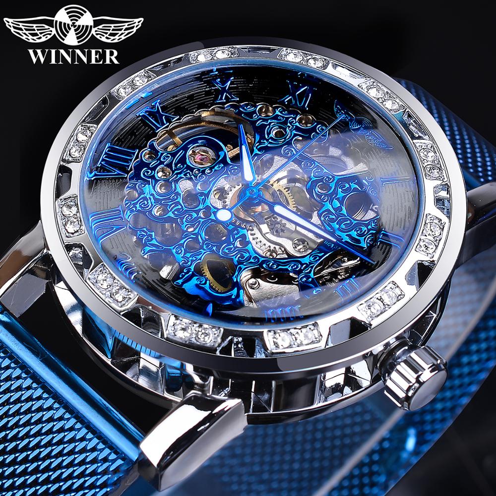 Winnaar Diamond Display Mannen Business Klok Blauw Staal Mechanische Classic Royal Versnelling Beweging Mechanische Skeleton Horloge