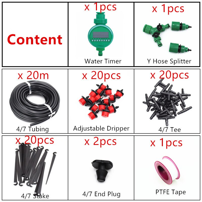 20/30/40m Y Splitter Watering Kits With Water Timer Automatic & Adjustable Dripper Atomizer for Potted Plant Garden Greenhouses