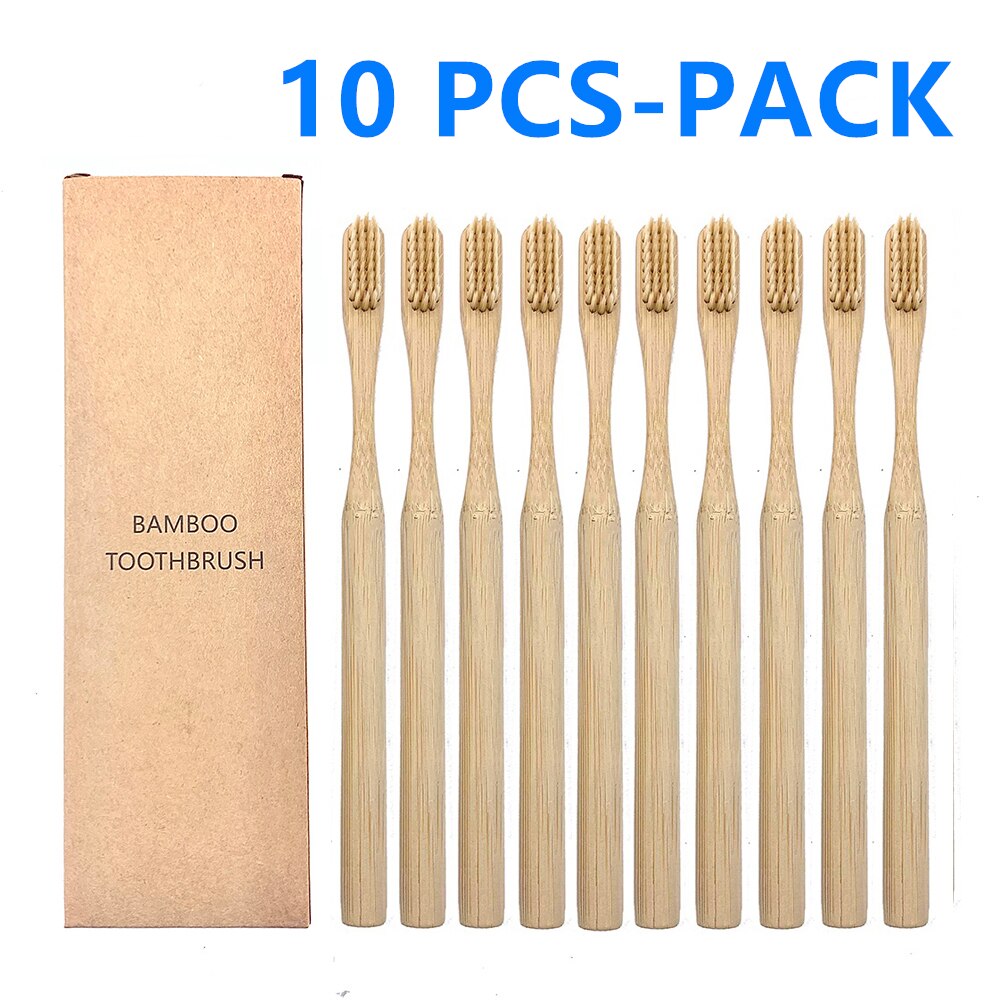 10Pcs Natural Toothbrush Eco-Friendly Rainbow Bamboo Medium Bristle Biodegradable Teeth Brush Solid Bamboo Handle Toothbrush: 10 PCS Light Brown