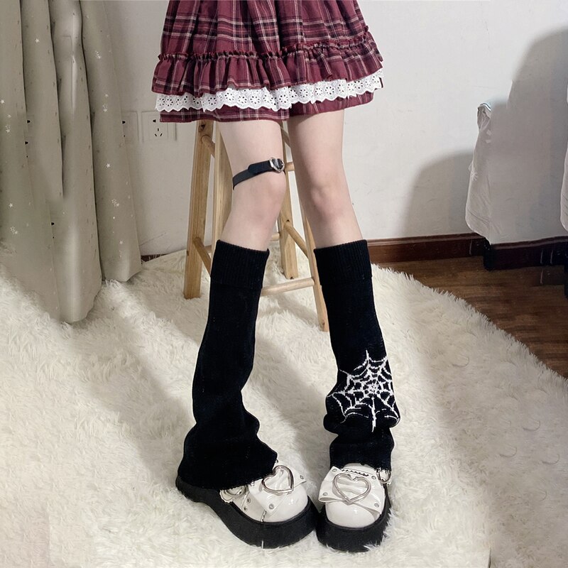 Y2k Meisje Japanse Harajuku Flare Beenwarmers Gothic Black Cobweb Lady Knit Been Warmer 2022 Lente Koreaanse Chic Mujer Gebreide sok
