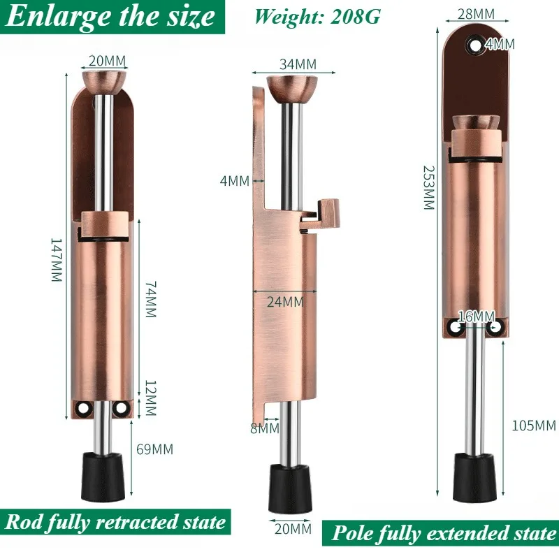 Telescopic Door Stopper Spring Loaded Heavy Duty Stopper Metal Adjustable Position with Foot Brake Wedges for Door Bottom Seam: Gold