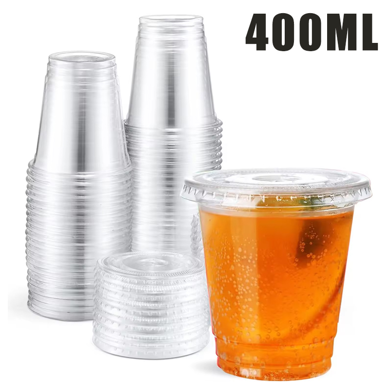 Vasos de plástico de 400ml con tapas, taza para aperitivos y bebidas, vaso Frío de plástico doble, vaso de plástico PET desechable transparente, taza de té de la leche Boba