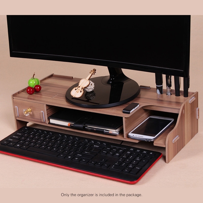 Træ skærm stativ riser computer skrivebord arrangør med tastatur mus opbevaring slots til kontorartikler skolecomputer heighte